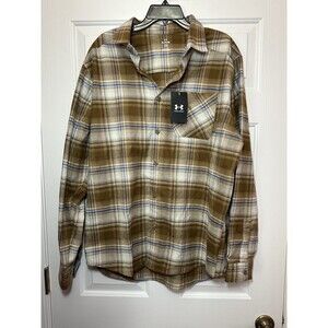 Size XL Mens Under Armour Expanse Flannel Shirt Loose Fit Brown Blue Plaid NEW